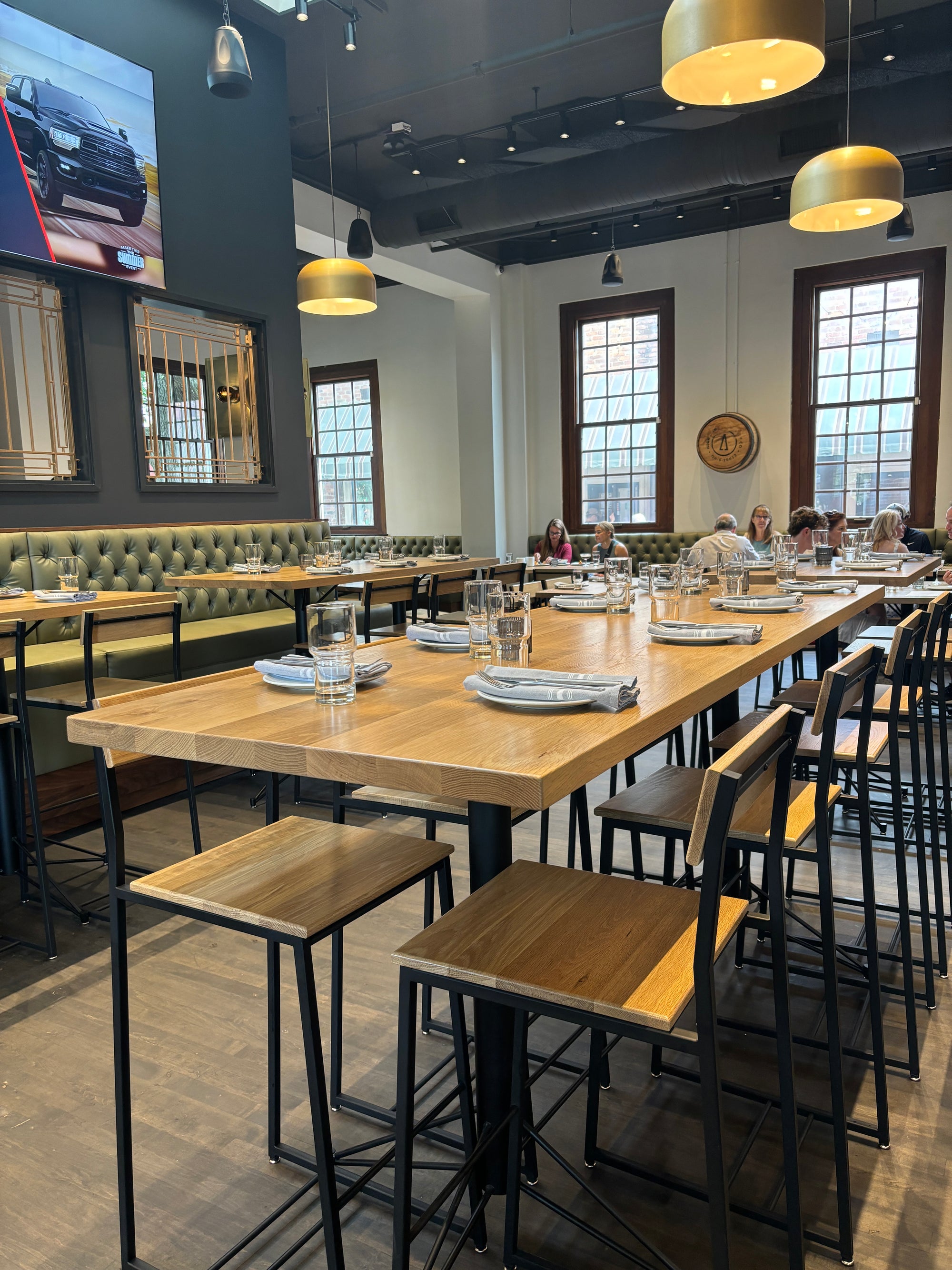 wood and metal high top bar tables and bar stools