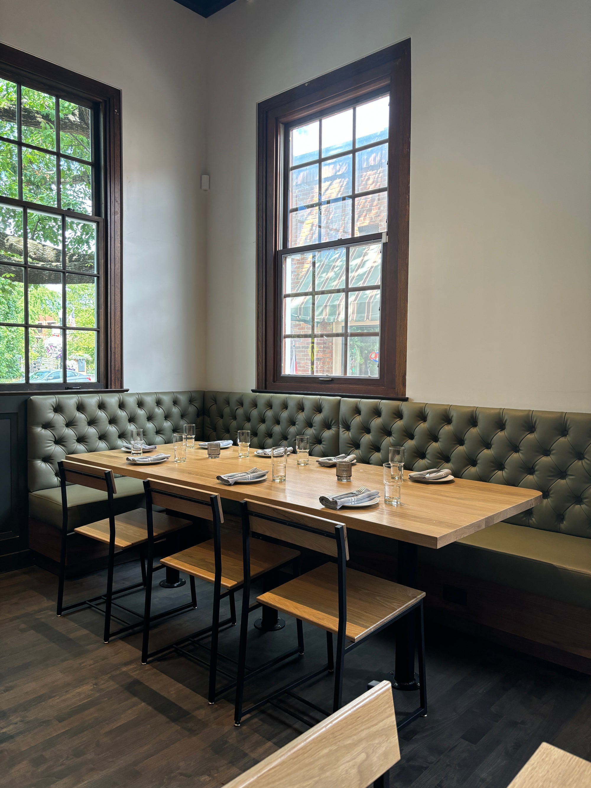 wood and metal restaurant tables and chairs