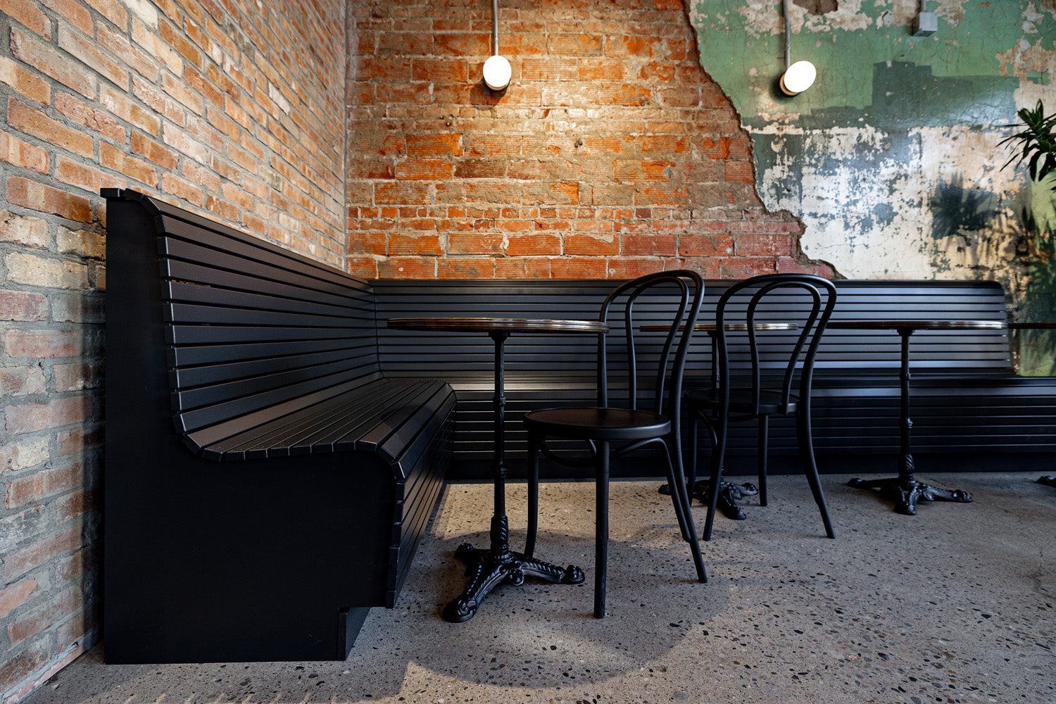 slatted restaurant bench seating